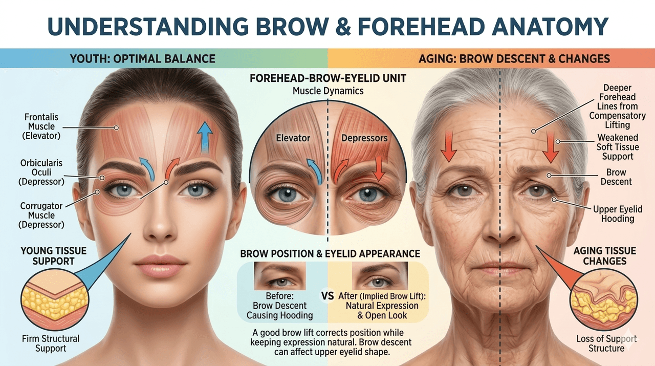 Detailed anatomy of the brow complex โ frontalis muscle, galea aponeurotica, corrugator, procerus, and depressor supercilii